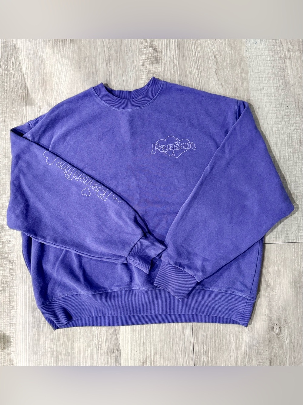PacSun Purple Crewneck Sweatshirt with Script Heart Logo on Chest and Sleeve